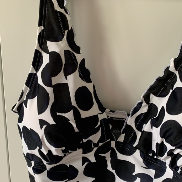 🌴🌴DKNY BLACK MULTI DOT Printed Ruffled Halter Tankini Top, US L🌴🌴 - Picture 7 of 7